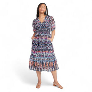 Old Navy V-Neck Waist-Defined Midi Dress Geometric Print Chiffon Sz S Tall